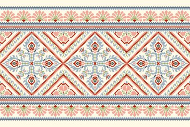 Geometrik etnik oryantal desen vektörü illüstrasyonu.Beyaz zemin üzerine çiçek pikseli sanat nakışı, Aztek tarzı, soyut arkaplan. Doku, kumaş, giysi, ambalaj, dekorasyon, eşarp, baskı