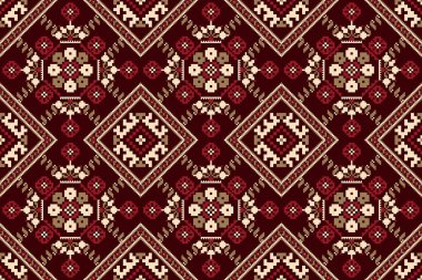 Kırmızı arkaplan vektörü illüstrasyonunda kusursuz Geometrik etnik desen. Çiçek çapraz dikiş nakış geleneği. Soyut arkaplan. Doku, kumaş, giysi, baskı için tasarım..