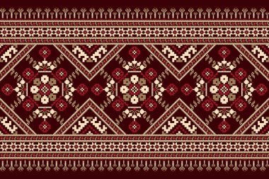 Kırmızı arkaplan vektörü illüstrasyonundaki Geometrik etnik desen. Çiçek çapraz dikiş nakış geleneği. Öztec tarzı, soyut arkaplan. Doku, kumaş, giysi, dekorasyon, baskı tasarımı.