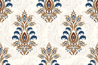 Beyaz arkaplan vektör illüstrasyonundaki kusursuz Ikat deseni. Etnik doğuya özgü nakış, el çizimi, barok desen. Doku, kumaş, giysi, dekorasyon için tasarım..