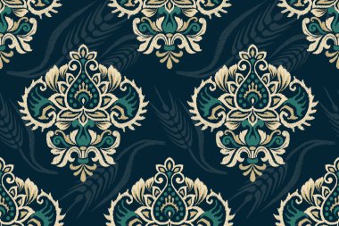 Siyah arkaplan vektör illüstrasyonundaki kusursuz Ikat deseni. Etnik doğuya özgü nakış, el çizimi, barok desen. Doku, kumaş, giysi, dekorasyon için tasarım..