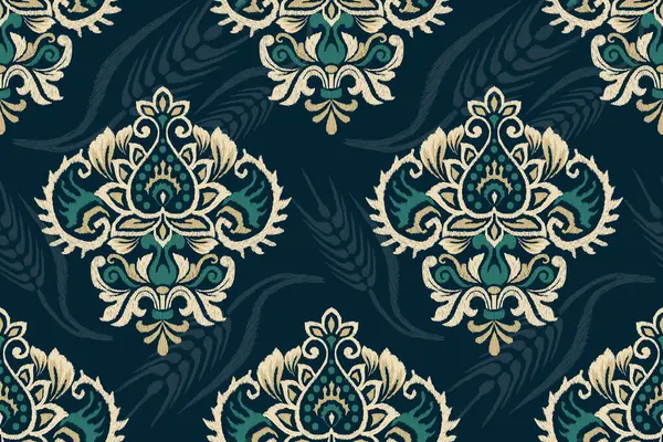 Siyah arkaplan vektör illüstrasyonundaki kusursuz Ikat deseni. Etnik doğuya özgü nakış, el çizimi, barok desen. Doku, kumaş, giysi, dekorasyon için tasarım..