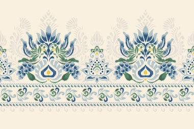 Beyaz arkaplan vektör illüstrasyonunda Ikat çiçek deseni. Etnik oryantal nakış geleneği. El çizimi, barok desen. Doku, kumaş, elbise, dekorasyon, sarong..