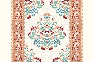 Beyaz arkaplan vektör illüstrasyonunda Ikat çiçek deseni. Etnik oryantal nakış, el çizimi, barok desen. Doku, kumaş, elbise, dekorasyon, halı.
