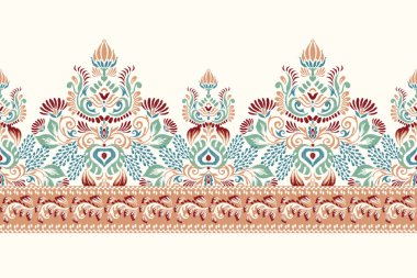 Beyaz arkaplan vektör illüstrasyonunda Ikat çiçek deseni. Etnik oryantal nakış geleneği. El çizimi, barok desen. Doku, kumaş, elbise, dekorasyon, sarong..