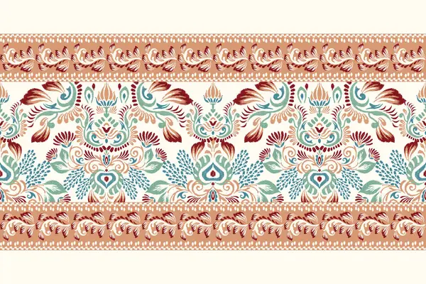 Beyaz arkaplan vektör illüstrasyonunda Ikat çiçek deseni. Etnik oryantal nakış, el çizimi, barok desen. Doku, kumaş, elbise, dekorasyon, halı.