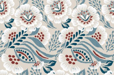 Gri arkaplan vektör illüstrasyonunda Ikat çiçek deseni. Ikat oryantal nakış, el çizimi, barok desen. Doku, kumaş, giysi, dekorasyon, sarong, moda kadınları için tasarım..