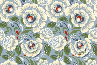 Mavi arkaplan vektör illüstrasyonunda Ikat çiçeksiz desen. Ikat oryantal nakış, el çizimi, barok desen. Doku, kumaş, giysi, dekorasyon, sarong, moda kadınları için tasarım..