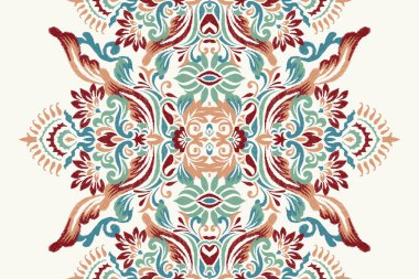 Beyaz arkaplan vektör illüstrasyonunda Ikat çiçek deseni. Etnik oryantal nakış, el çizimi, barok desen. Doku, kumaş, elbise, dekorasyon, halı.