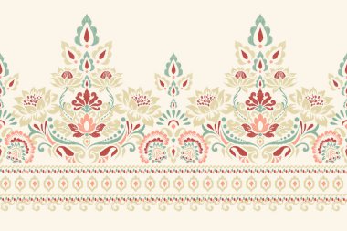 Beyaz arkaplan vektör illüstrasyonunda Ikat çiçek deseni. Etnik oryantal nakış, Aztek tarzı, soyut, el çizimi desen. Doku, kumaş, giysi, ambalaj, dekorasyon, sarong, baskı deseni..