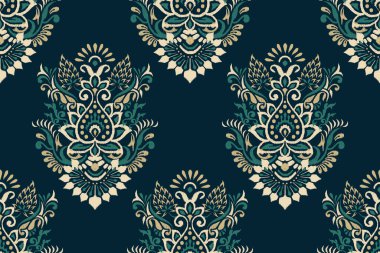 Siyah arkaplan vektörü illüstrasyonundaki kusursuz Ikat deseni. Etnik doğuya özgü nakış, soyut, el çizimi. Doku, kumaş, giysi, dekorasyon, halı, parmak izi tasarımı..