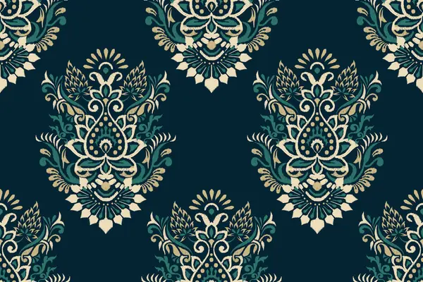 Siyah arkaplan vektörü illüstrasyonundaki kusursuz Ikat deseni. Etnik doğuya özgü nakış, soyut, el çizimi. Doku, kumaş, giysi, dekorasyon, halı, parmak izi tasarımı..