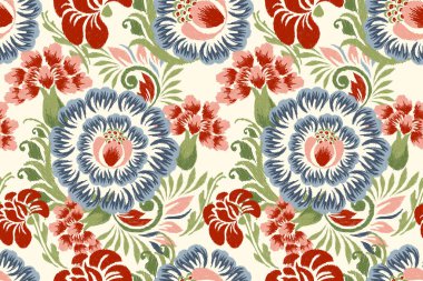 Beyaz arkaplan vektör illüstrasyonunda Ikat çiçek deseni. Ikat oryantal nakış, el çizimi, barok desen. Doku, kumaş, giysi, dekorasyon, sarong, moda kadınları için tasarım.