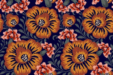 Ikat çiçek deseni, lacivert arkaplan vektör illüstrasyonunda. Ikat oryantal nakış, el çizimi, barok desen. Doku, kumaş, giysi, dekorasyon, sarong, moda.