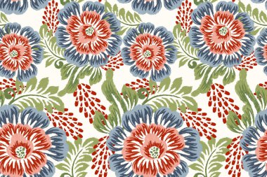 Beyaz arkaplan vektör illüstrasyonunda Ikat çiçek deseni. Ikat oryantal nakış, el çizimi, barok desen. Doku, kumaş, giysi, dekorasyon, sarong, moda kadınları için tasarım.