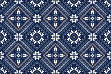 Deniz mavisi arkaplan vektörü illüstrasyonunda geometrik dikişsiz desen. Çiçekli çapraz dikiş deseni geleneği. Özet tarzı, soyut arkaplan. Doku, kumaş, giysi, dekorasyon, fayans, baskı için tasarım..