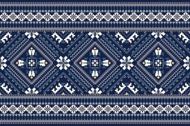 Deniz mavisi arkaplan vektörü illüstrasyonundaki Geometrik çiçek deseni. Çiçek çapraz dikiş deseni geleneksel. ztec tarzı, soyut arkaplan. Doku, kumaş, giysi, dekorasyon, eşarp, baskı için tasarım.