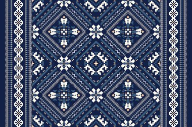 Deniz mavisi arkaplan vektörü illüstrasyonundaki Geometrik çiçek deseni. Çiçek çapraz dikiş deseni geleneksel. ztec tarzı, soyut arkaplan. Doku, kumaş, giysi, dekorasyon, eşarp, baskı için tasarım.