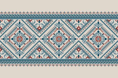 Gri arkaplan vektörü illüstrasyonundaki Geometrik çiçek deseni. Çiçek çapraz dikiş deseni gelenekselliği, soyut arkaplan. Doku, kumaş, giysi, dekorasyon, atkı, baskı, sari için tasarım