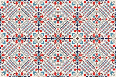 Beyaz arkaplan vektörü illüstrasyonunda geometrik dikişsiz desen. Çiçek çapraz dikiş deseni geleneği. Soyut arkaplan. Doku, kumaş, giysi, dekorasyon, fayans, baskı için tasarım..