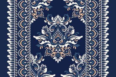 Lacivert arkaplan vektör illüstrasyonunda Ikat çiçek deseni. Etnik nakış geleneği, soyut özgeçmiş. Doku, kumaş, giysi, ambalaj, dekorasyon, halı, iz.. 