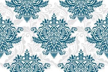 Kusursuz ikat çiçek desenli vektör çizimi. Mavi ve beyaz arkaplan. Etnik doğuya özgü nakış tarzı, soyut özgeçmiş. Doku, kumaş, giysi, dekorasyon için tasarım..