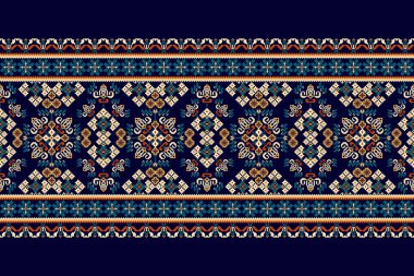 Siyah arkaplan vektörü illüstrasyonunda çiçek haçı deseni. Geometrik etnik oryantal nakış geleneği. Soyut arkaplan. Doku, kumaş, giysi, iz, halı tasarımı..