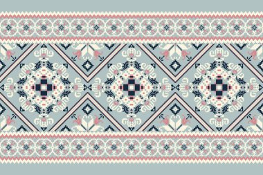 Mavi arkaplan vektörü illüstrasyonunda çiçek haçı deseni. Geometrik etnik oryantal nakış geleneği. Soyut arkaplan. Doku, kumaş, giysi, iz, halı tasarımı..