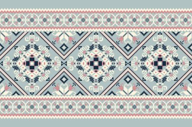 Floral Cross Stitch pattern on blue background vector illustration.geometric ethnic oriental embroidery traditional.Aztec style,abstract background.design for texture,fabric,clothing,print,carpet. clipart