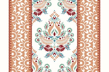 Beyaz arkaplan vektör illüstrasyonunda Ikat çiçek deseni. Etnik oryantal nakış, el çizimi, barok desen. Doku, kumaş, elbise, dekorasyon, halı.