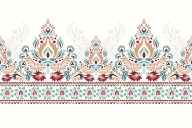Beyaz arka plana Ikat desenli işleme.Geleneksel etnik oryantal desen, Aztek tarzı, soyut arkaplan, vektör illüstrasyonu. Doku, kumaş, giysi, sarong, dekorasyon, baskı için tasarım.