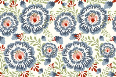 Beyaz arkaplan vektör illüstrasyonunda Ikat çiçek deseni. Ikat oryantal nakış, el çizimi, barok desen. Doku, kumaş, giysi, dekorasyon, sarong, moda kadınları için tasarım.