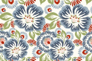 Beyaz arkaplan vektör illüstrasyonunda Ikat çiçek deseni. Ikat oryantal nakış, el çizimi, barok desen. Doku, kumaş, giysi, dekorasyon, sarong, moda kadınları için tasarım.