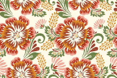 Beyaz arkaplan vektör illüstrasyonunda Ikat çiçek deseni. Ikat oryantal nakış, el çizimi, barok desen. Doku, kumaş, giysi, dekorasyon, sarong, moda kadınları için tasarım.