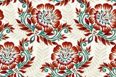 Beyaz arkaplan vektör illüstrasyonundaki kusursuz Ikat deseni. Etnik oryantal nakış, soyut, el çizimi, barok. Doku, kumaş, giysi, dekorasyon, sarong, baskı için tasarım.