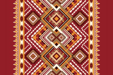 Kırmızı arkaplan vektörü illüstrasyonunda Geometrik etnik tasarım deseni. Geometrik oryantal nakış geleneği, soyut arkaplan. Doku, kumaş, giysi, desen, baskı için tasarım.
