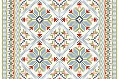 Beyaz arkaplan vektörü illüstrasyonundaki Geometrik çiçek deseni. Çiçeksel çapraz dikiş deseni geleneği, soyut arkaplan. Doku, kumaş, giysi, süsleme, eşarp, baskı, sari