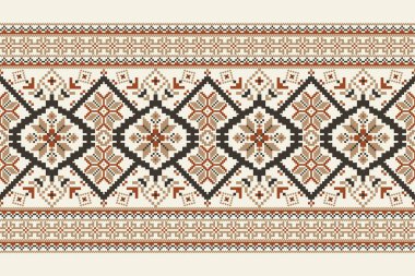 Beyaz arkaplan vektörü illüstrasyonundaki Geometrik çiçek deseni. Çiçeksel çapraz dikiş deseni geleneği, soyut arkaplan. Doku, kumaş, giysi, süsleme, eşarp, baskı, sari