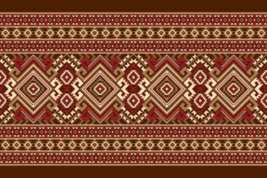 Kahverengi arkaplan vektörü illüstrasyonundaki Geometrik çiçek deseni. Çiçek çapraz dikiş deseni geleneği. Özgeçmiş, soyut özgeçmiş. Doku, kumaş, giysi, dekorasyon, atkı, baskı, sari için tasarım.