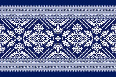 Tayland çiçek deseni, mavi ve beyaz arka plan, soyut arka plan, desen, desen, kumaş, giysi, süs, atkı, parmak izi için çiçek haçı deseni.