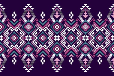 Mor zemin üzerinde geometrik etnik oryantal, geleneksel geometrik desen, soyut arkaplan vektör ilüstrasyonu, Aztek tarzı, bohem arkaplan. Doku, kumaş, giysi, eşarp, desen, baskı için tasarım.