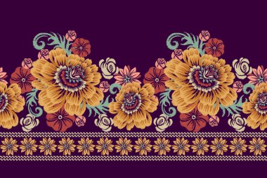 Mor arkaplan üzerine Ikat çiçekli nakış. Geleneksel etnik oryantal desen, Aztek tarzı, soyut arkaplan, vektör çizimi. Doku, kumaş, giysi, sarong, dekorasyon, baskı için tasarım..