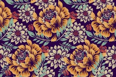 Ikat, Ikat çiçek desensiz desensiz vektör çizimi, Ikat nakışı. Çiçekler dikişsiz desen, çizgi süsü, barok tarzı..