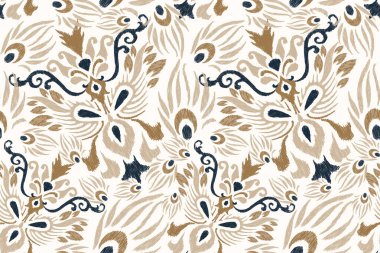 Damask pürüzsüz desen, beyaz arka planda lkat çiçeksiz desen, vektör illüstrasyonu, Ikat etnik doğu nakışı, Aztek tarzı, baroque.Desen, fab, giysi, dekorasyon, moda, fayans