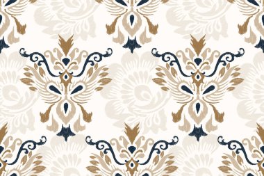 Damask pürüzsüz desen, beyaz arka planda lkat çiçeksiz desen, vektör illüstrasyonu, Ikat etnik doğu nakışı, Aztek tarzı, baroque.Desen, fab, giysi, dekorasyon, moda, fayans