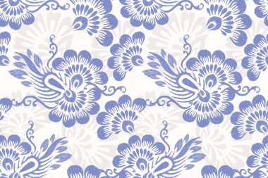 Damask pürüzsüz desen, İkat çiçekli desensiz desen vektör çizimi, lacivert ve beyaz arka plan