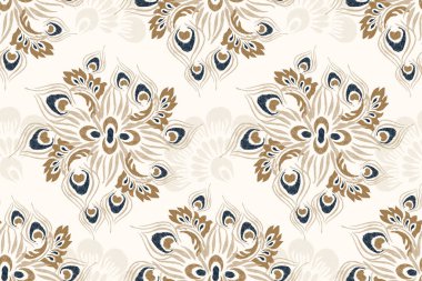 Ikat çiçeksiz desen, Ikat çiçekleri pürüzsüz desen, vektör illüstrasyonu, damaskesiz desen, elle çizilmiş nakış. Doku, kumaş, giysi, desen, iz..