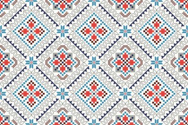 Beyaz arkaplan vektörü illüstrasyonunda geometrik desensiz desen. Çiçeksel çapraz dikiş deseni geleneksel. ztec tarzı, soyut arkaplan. Doku, kumaş, giysi, dekorasyon, eşarp, baskı için tasarım