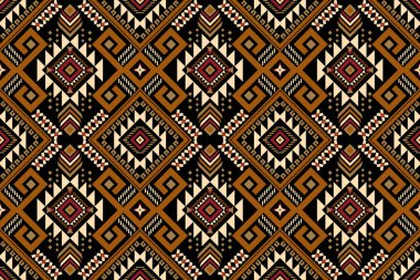 Siyah arkaplan vektörü illüstrasyonunda geometrik desensiz desen. Çiçeksel çapraz dikiş deseni geleneksel. ztec tarzı, soyut arkaplan. Doku, kumaş, giysi, dekorasyon, eşarp, baskı için tasarım