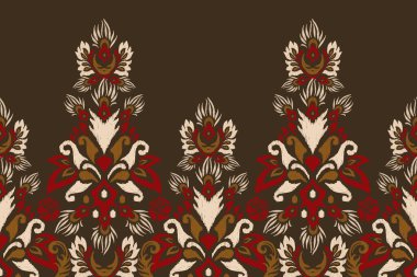 Siyah arka plana Ikat çiçekli nakış. Geleneksel etnik oryantal desen, Aztek tarzı, soyut arkaplan, vektör çizimi. Doku, kumaş, giysi, sarong, dekorasyon, baskı için tasarım..